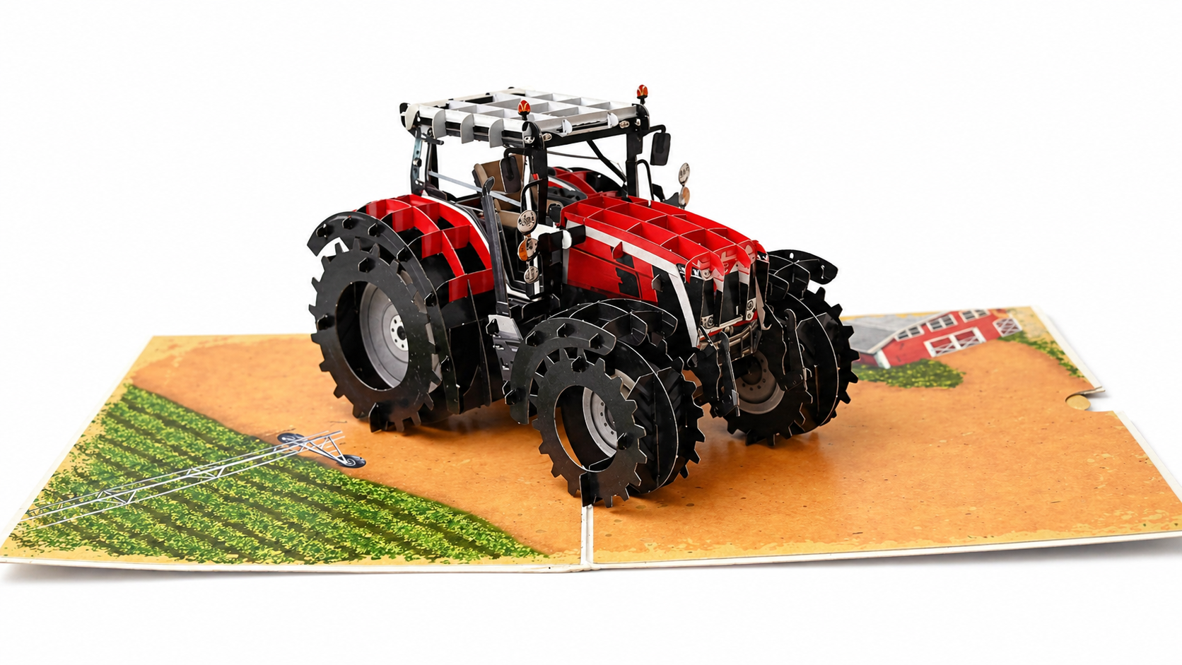 Tractor 3D pop-up greeting card, open — landscape