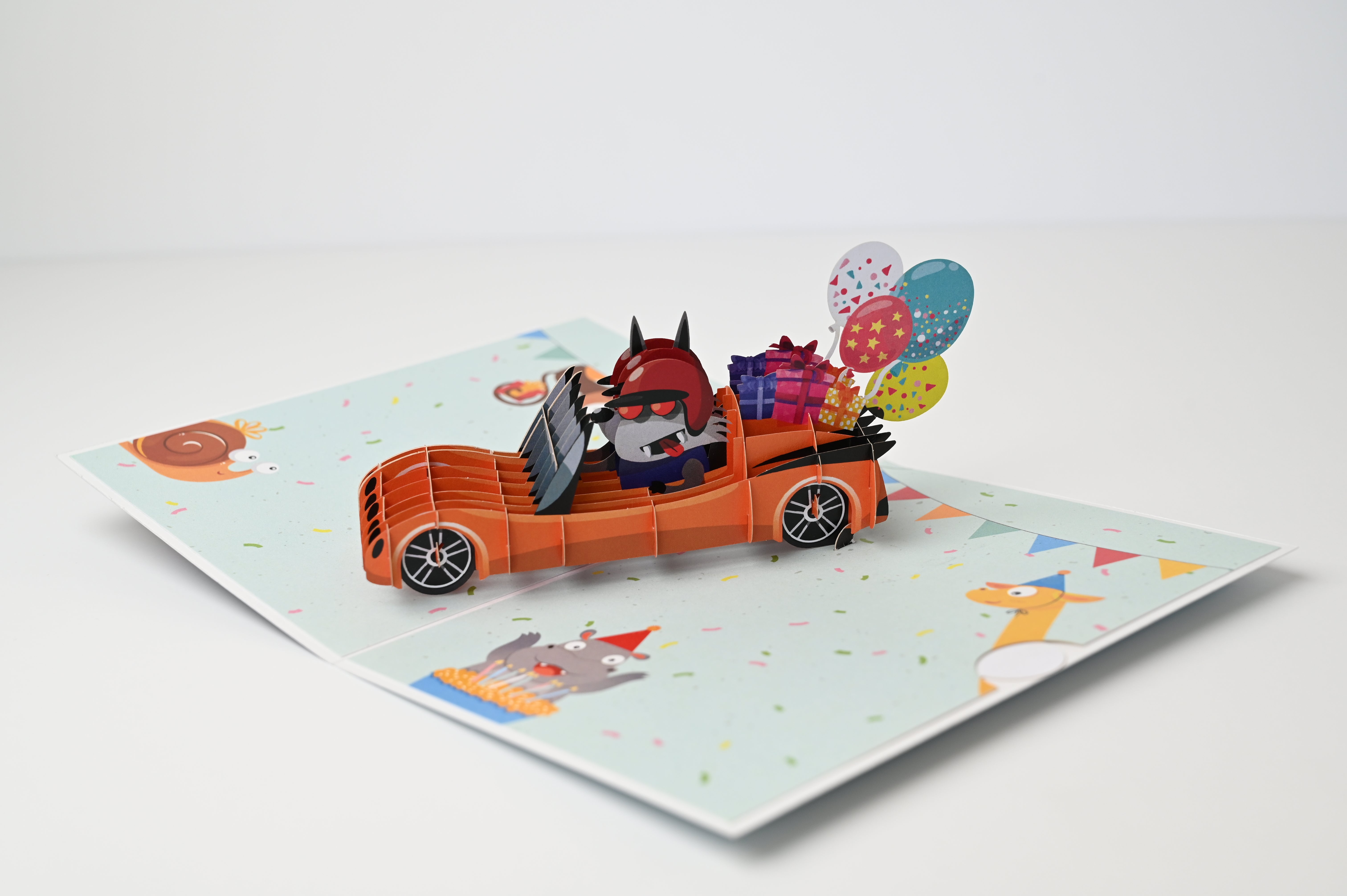 Cool Cat Racing Car 3D Pop-Up Card — Funny Birthday Gift for Him